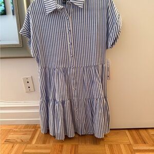 Aqua Blue and White Striped Tiered Button-Down Midi Dress